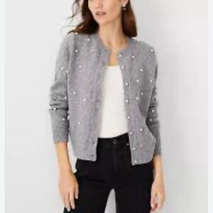 Ann Taylor Pearl Embellished Crew Cardigan - Gray, M